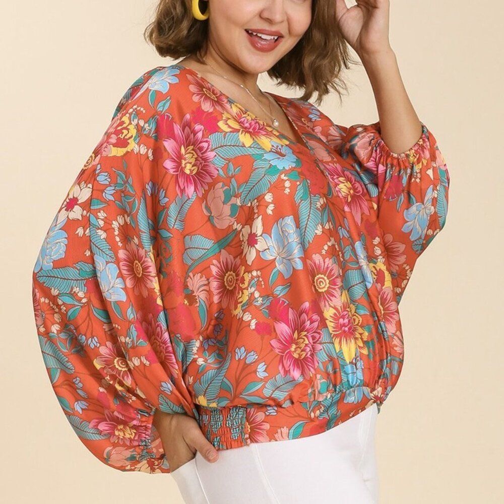 Umgee Tangerine Floral Top- X-Large, Casual, Business Casual, Dressy, Bright NWT - Picture 2 of 2